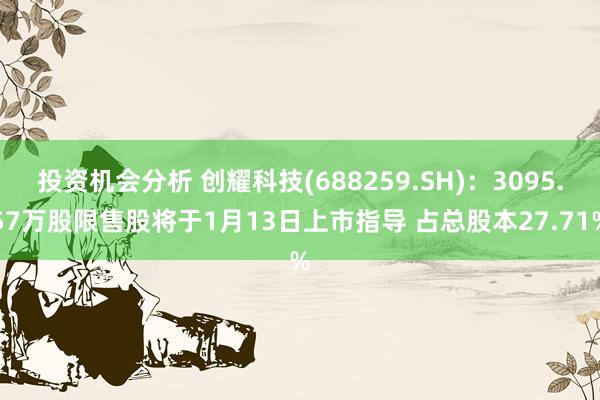 投资机会分析 创耀科技(688259.SH)：3095.57万股限售股将于1月13日上市指导 占总股本27.71%