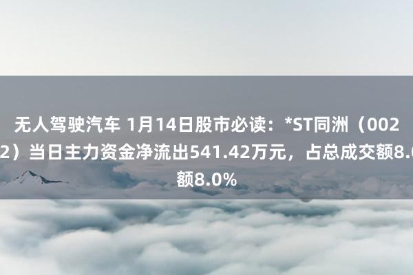 无人驾驶汽车 1月14日股市必读：*ST同洲（002052）当日主力资金净流出541.42万元，占总成交额8.0%