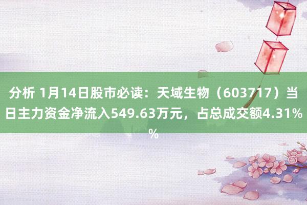 分析 1月14日股市必读：天域生物（603717）当日主力资金净流入549.63万元，占总成交额4.31%