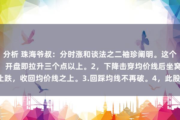 分析 珠海爷叔：分时涨和谈法之二袖珍阐明。这个战法要满足以下4条。1，开盘即拉升三个点以上。2，下降击穿均价线后坐窝止跌，收回均价线之上。3.回踩均线不再破。4，此股票5日以内曾有过一次涨停。